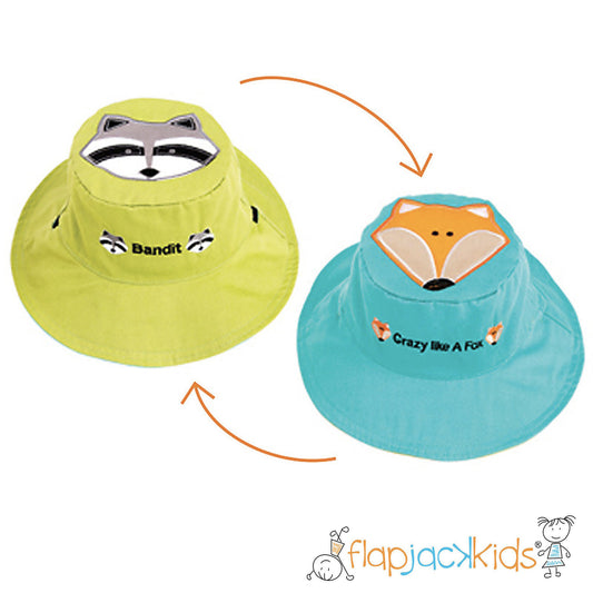 FlapJackKids - Reversible Anti-UV Summer Hat SPF 50+, Raccoon + Fox - 100% cotton