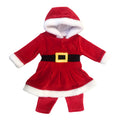 Red velvet Santa Claus costume for babies with white faux fur trim and a black belt detail. 

