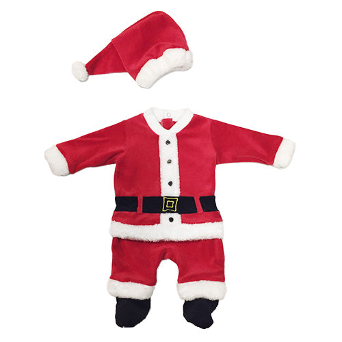 Red velvet Santa Claus costume for baby with matching hat.
