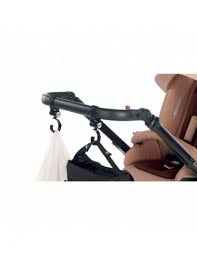 Sturdy stroller hooks hold shopping bag and diaper bag on a brown and black stroller handlebar. 
