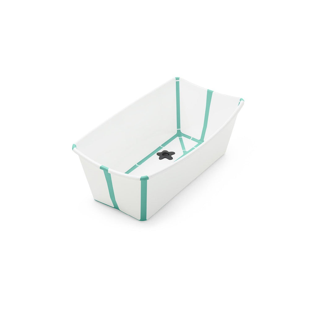 White baby bathtub with teal accents displays on a white background.  
