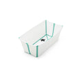 White baby bathtub with teal accents displays on a white background.  

