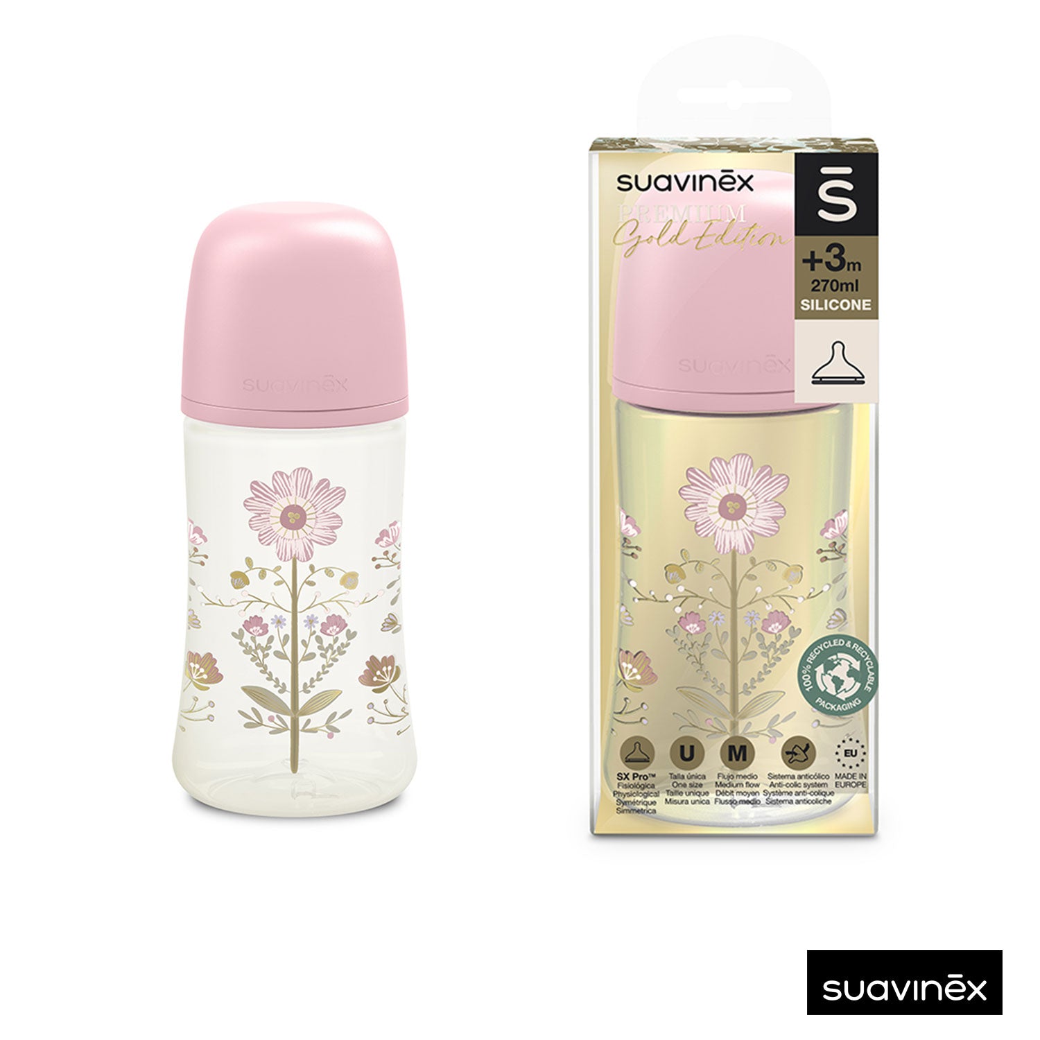 Suavinex - Biberon 270ml flusso medio 3m+ Gold Edition