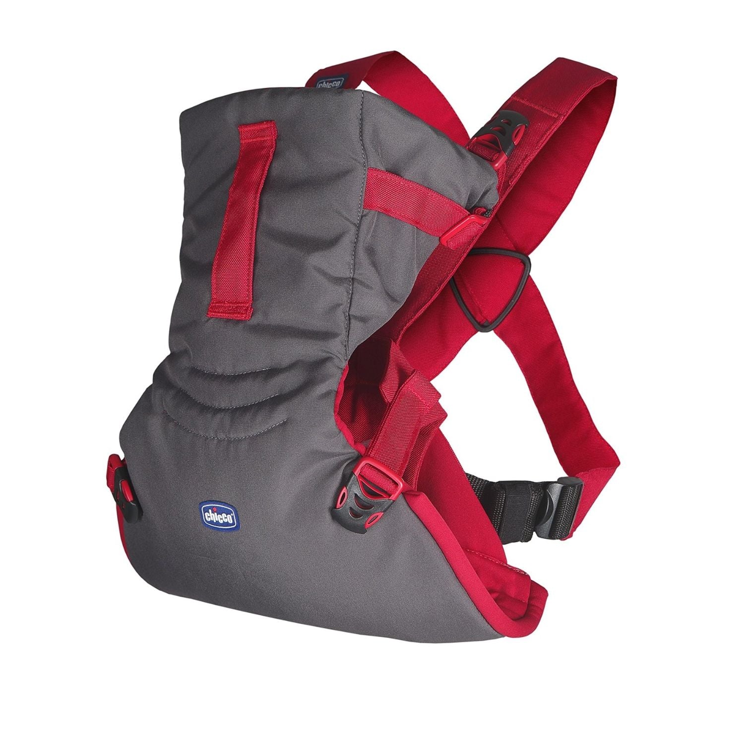 Chicco baby carrier in grey with red accents, showcasing adjustable straps for secure and comfortable carrying. 
