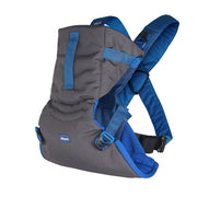 Chicco baby carrier in gray and blue, showcasing its ergonomic design for comfortable carrying. 
