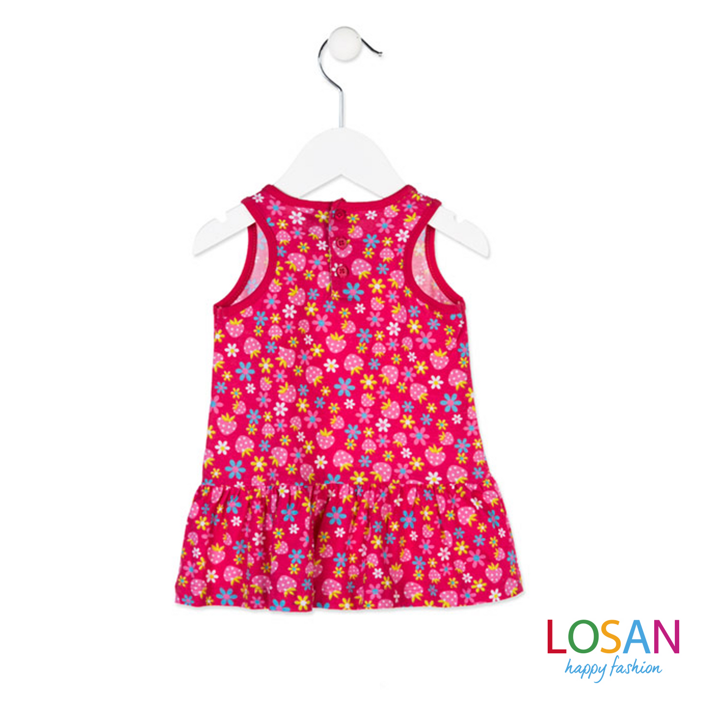 Losan - Vestito Baby Bimba Smanicato Fiori Fragole Fucsia