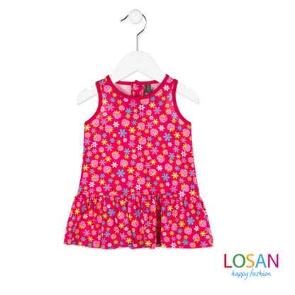 Losan - Baby Girl Sleeveless Dress Flowers Strawberries Fuchsia