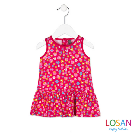 Losan - Vestito Baby Bimba Smanicato Fiori Fragole Fucsia