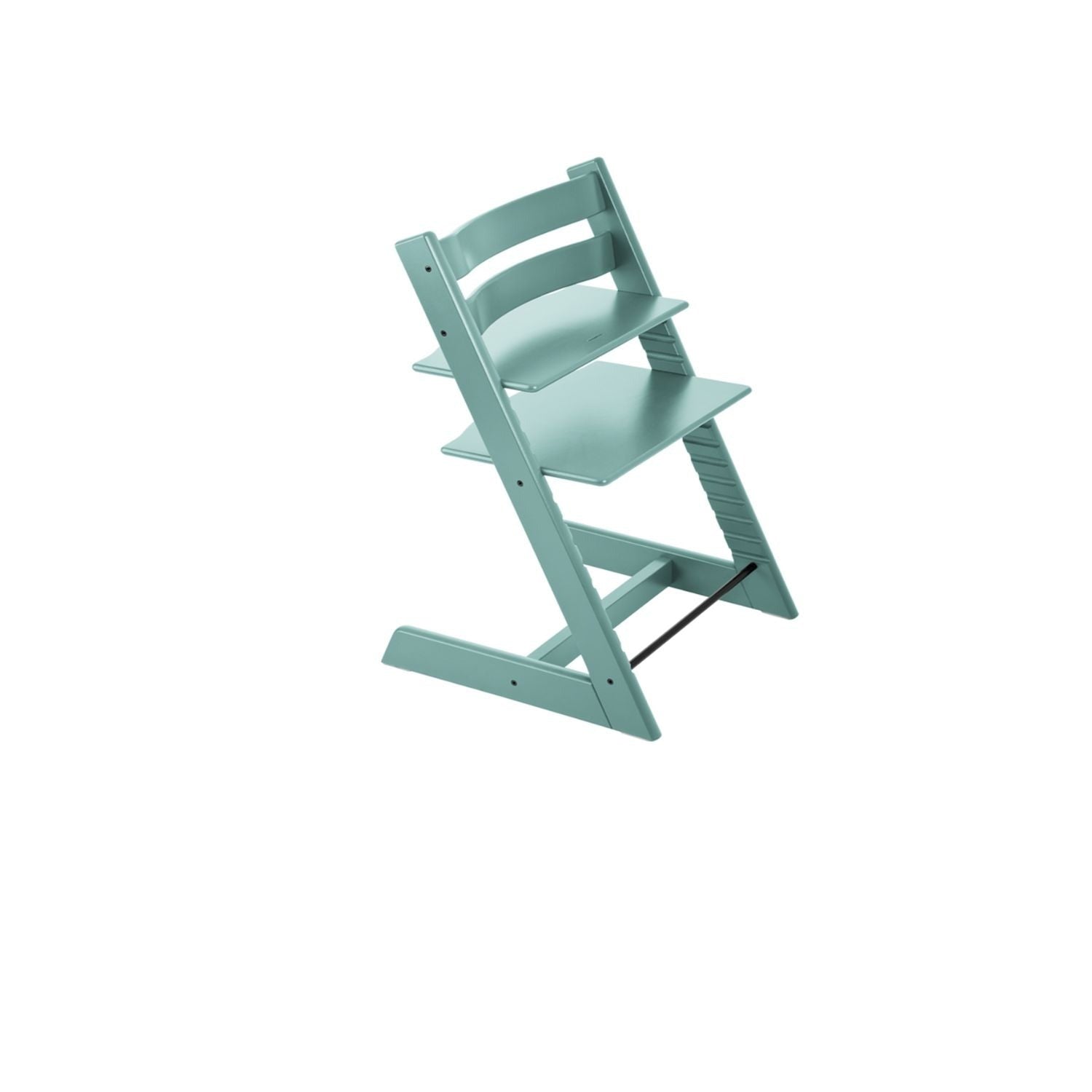 A teal adjustable wooden high chair stands ready for mealtime. 
