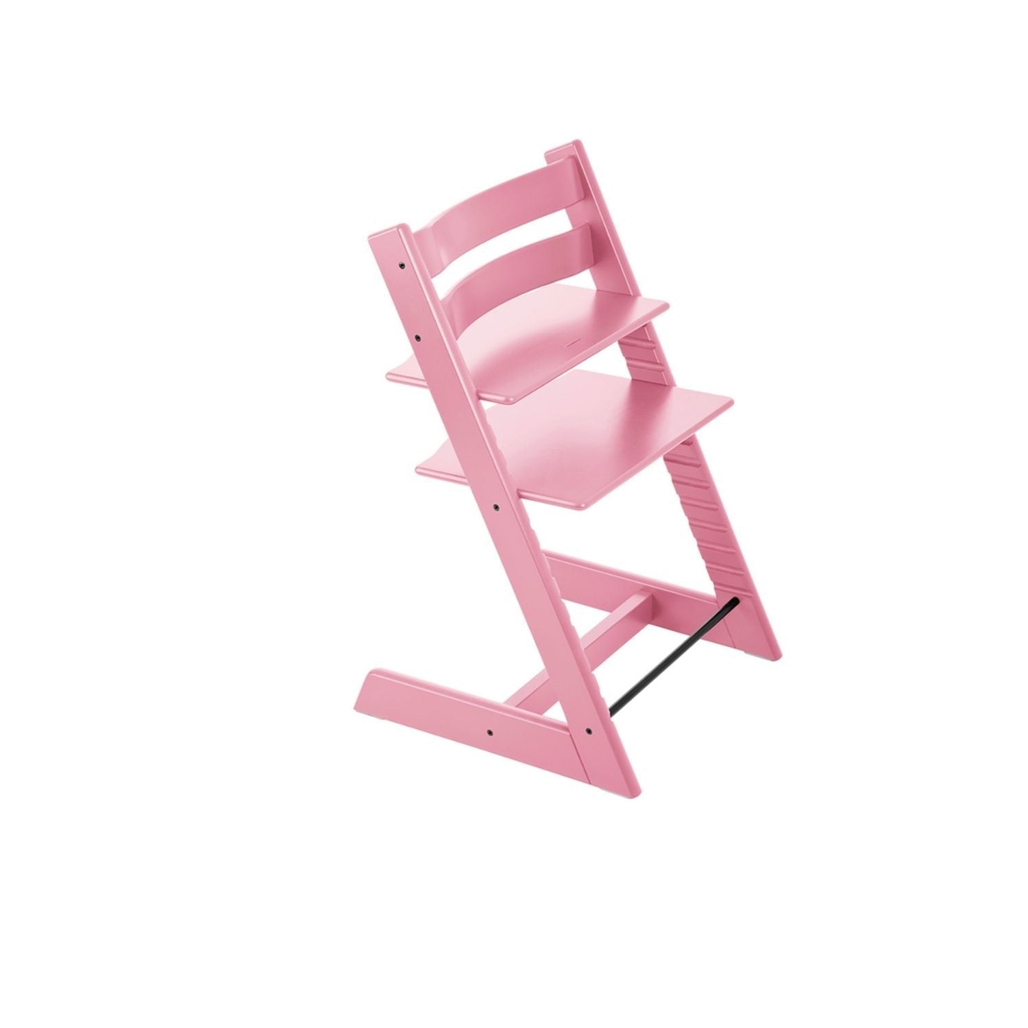 Pink adjustable wooden high chair on white background. 
