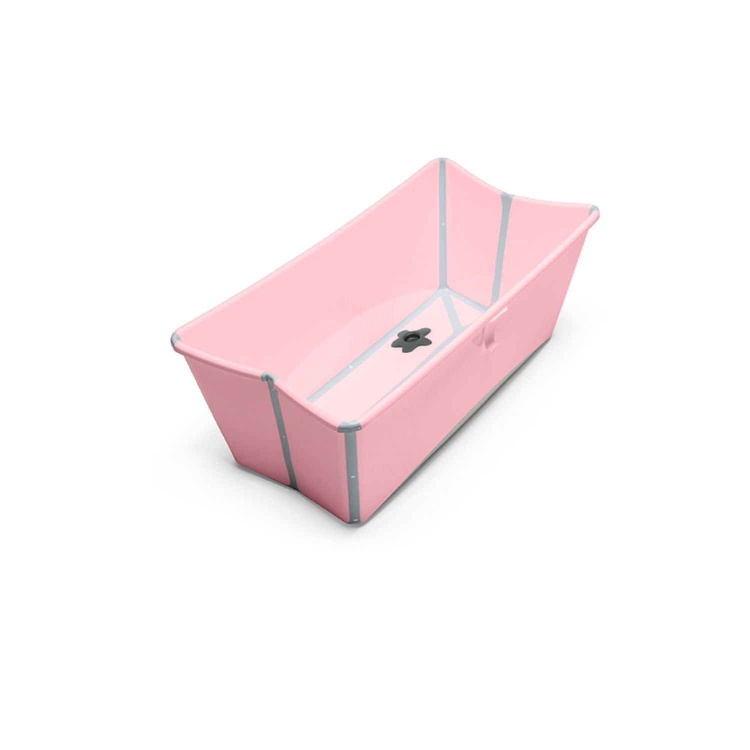 Pink foldable baby bathtub with gray trim, showcasing its compact and portable design. 
